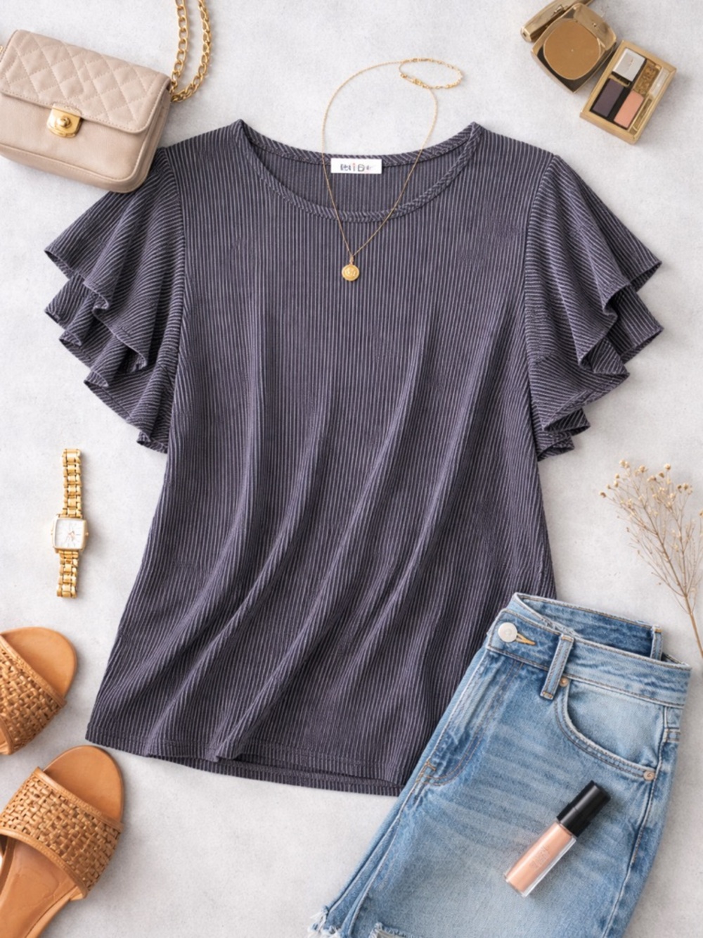 NWT BiBi Charcoal Gray Ribbed Flutter Sleeve Top | Medium - Picture 3 of 6